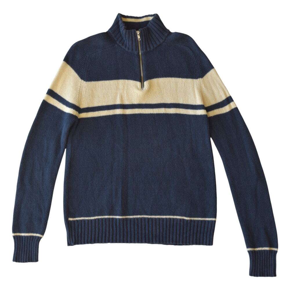 Vintage American Outpost Quarter Zip Blue Cream Striped Sweater L